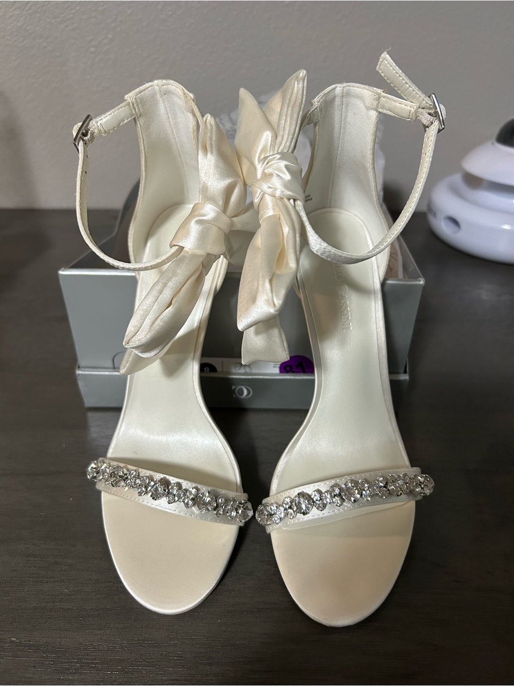 OC by Oleg Cassini Ivory Satin Ankle-Strap Heels with Crystal Toe Strap